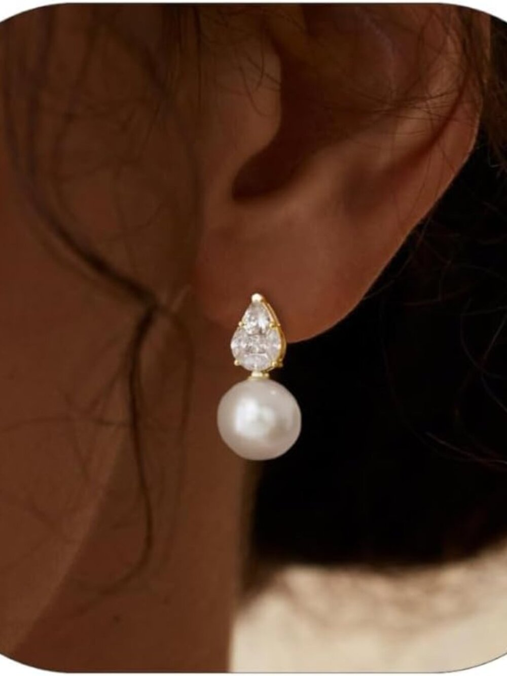 Pearl Earrings for Women, Dainty Wedding Bridal Earrings 14k Gold Plated CZ Pear